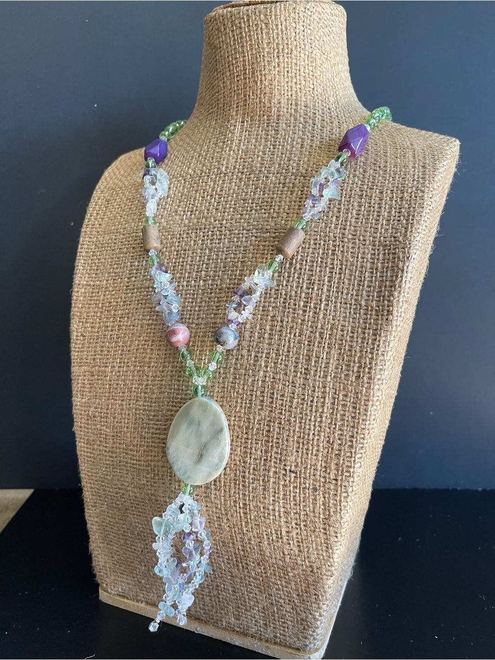 Handmade quartz and glass Necklace with Beaded Tassel